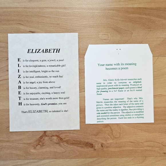 Personalized Poem on Parchment Name "Elizabeth" - Picture 2 of 3